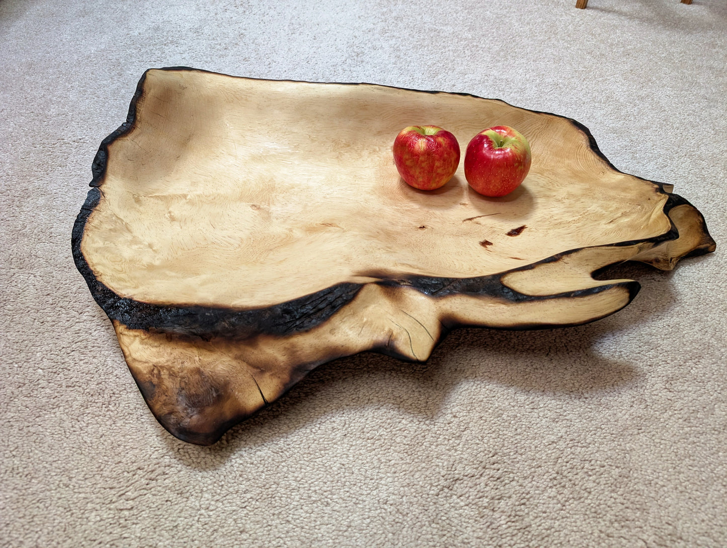 wooden serving tray platter, forest fire-scarred, Ponderosa pine 200+ yr old growth tree, live edge, irregular, natural tan brown, rich grain, 6"T x 28.5", one-of-a-kind, 607-B