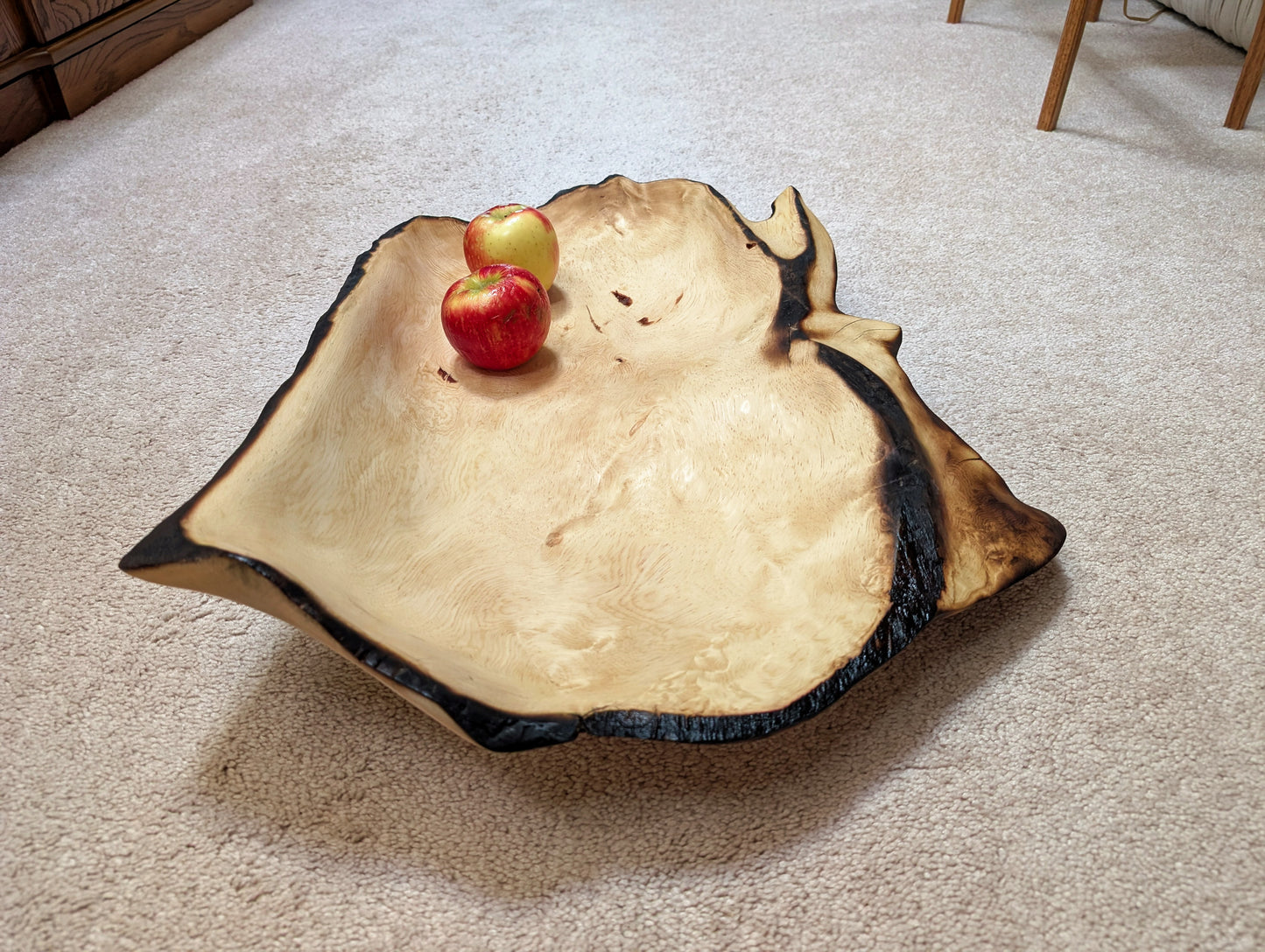 wooden serving tray platter, forest fire-scarred, Ponderosa pine 200+ yr old growth tree, live edge, irregular, natural tan brown, rich grain, 6"T x 28.5", one-of-a-kind, 607-B