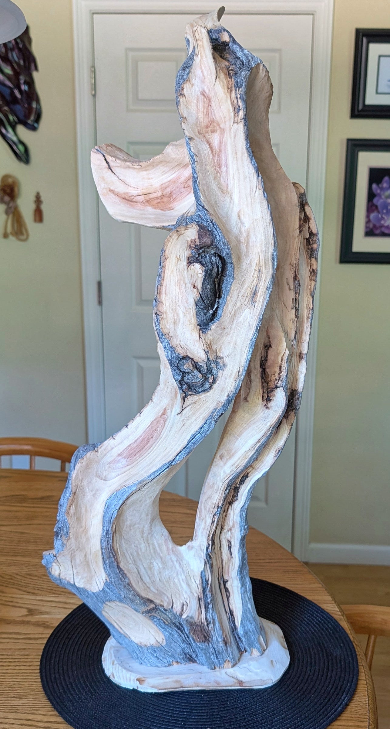 exotic wood sculpture 29 inch tall, one-of-a-kind, irregular freeform desktop tabletop or floor sculpture, Quaking Aspen , beautiful grain, smooth, satin finish, flowing lines, yellow gold brown, reclaimed wood, sustainably sourced, 621-A