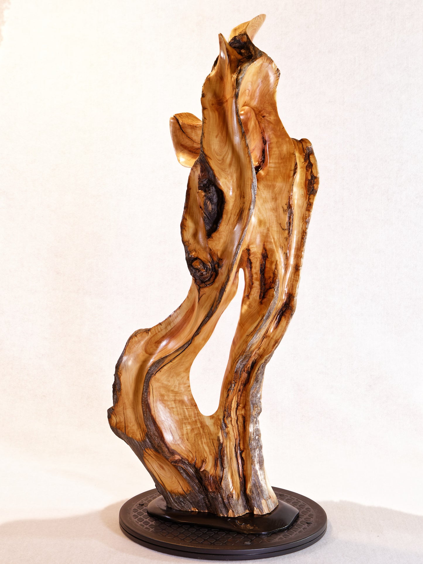 exotic wood sculpture 29 inch tall, one-of-a-kind, irregular freeform desktop tabletop or floor sculpture, Quaking Aspen , beautiful grain, smooth, satin finish, flowing lines, yellow gold brown, reclaimed wood, sustainably sourced, 621-A