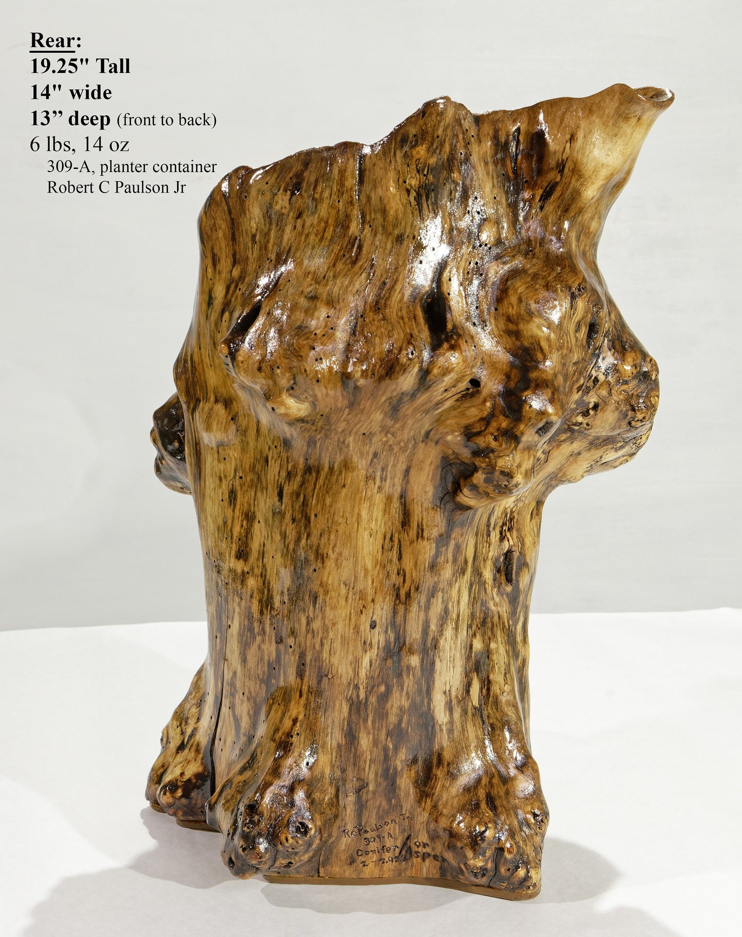 wood basket planter container exotic knobby golden brown black, unique decorative wood, rustic wood vase sculpture, asymmetrical, 19 x 14 x 13’ inches, 309-A