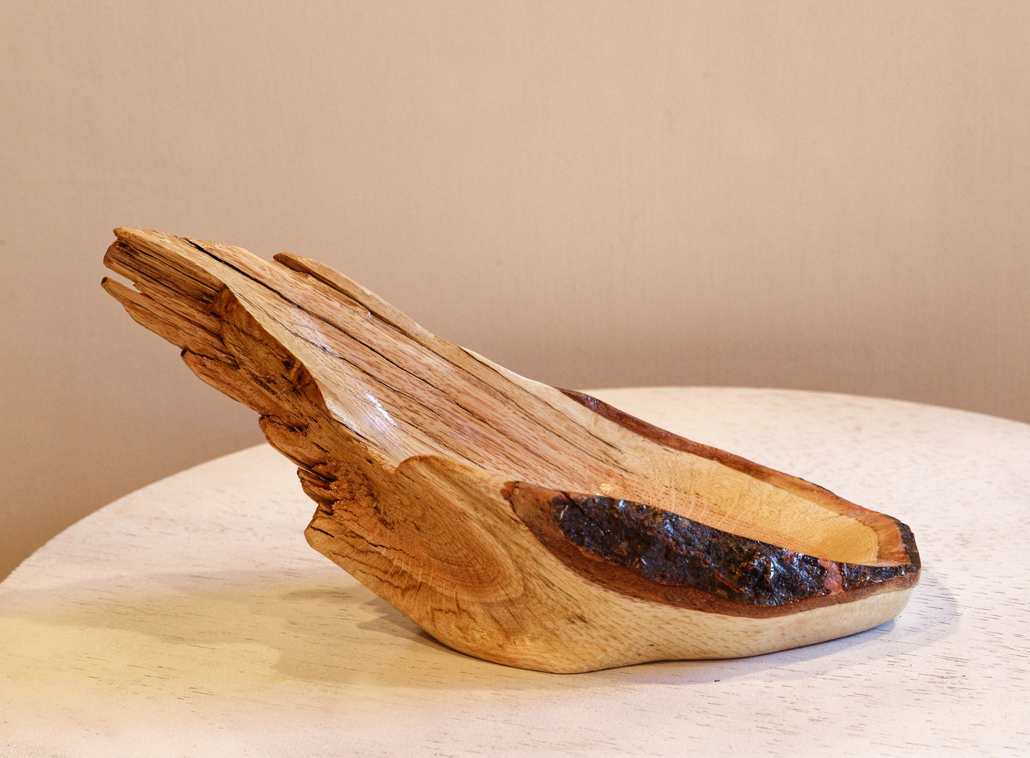 rustic red oak wood bowl, live edge, beautiful grain, natural reddish orange, brown, 11" long x 4.75 tall x 5.5, 0.95 lb, Wabi Sabi, 568-Z3