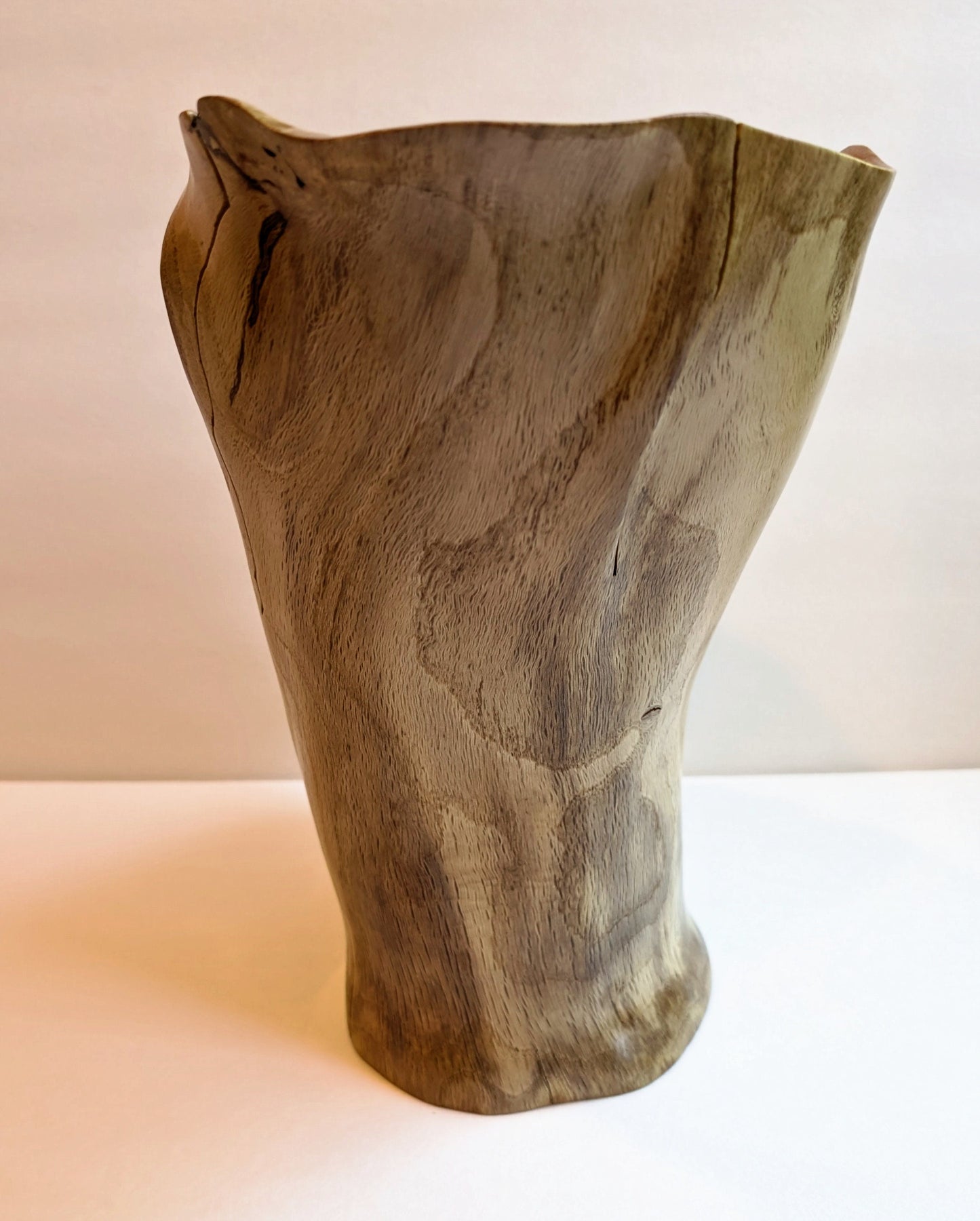 Oregon White Oak wood vase, artfully slit sides, 11.5 tall x 10 x 8’’, 4.61 lbs, Wabi Sabi Wasabi, one-of-a-kind, asymmetric, twist 310-A