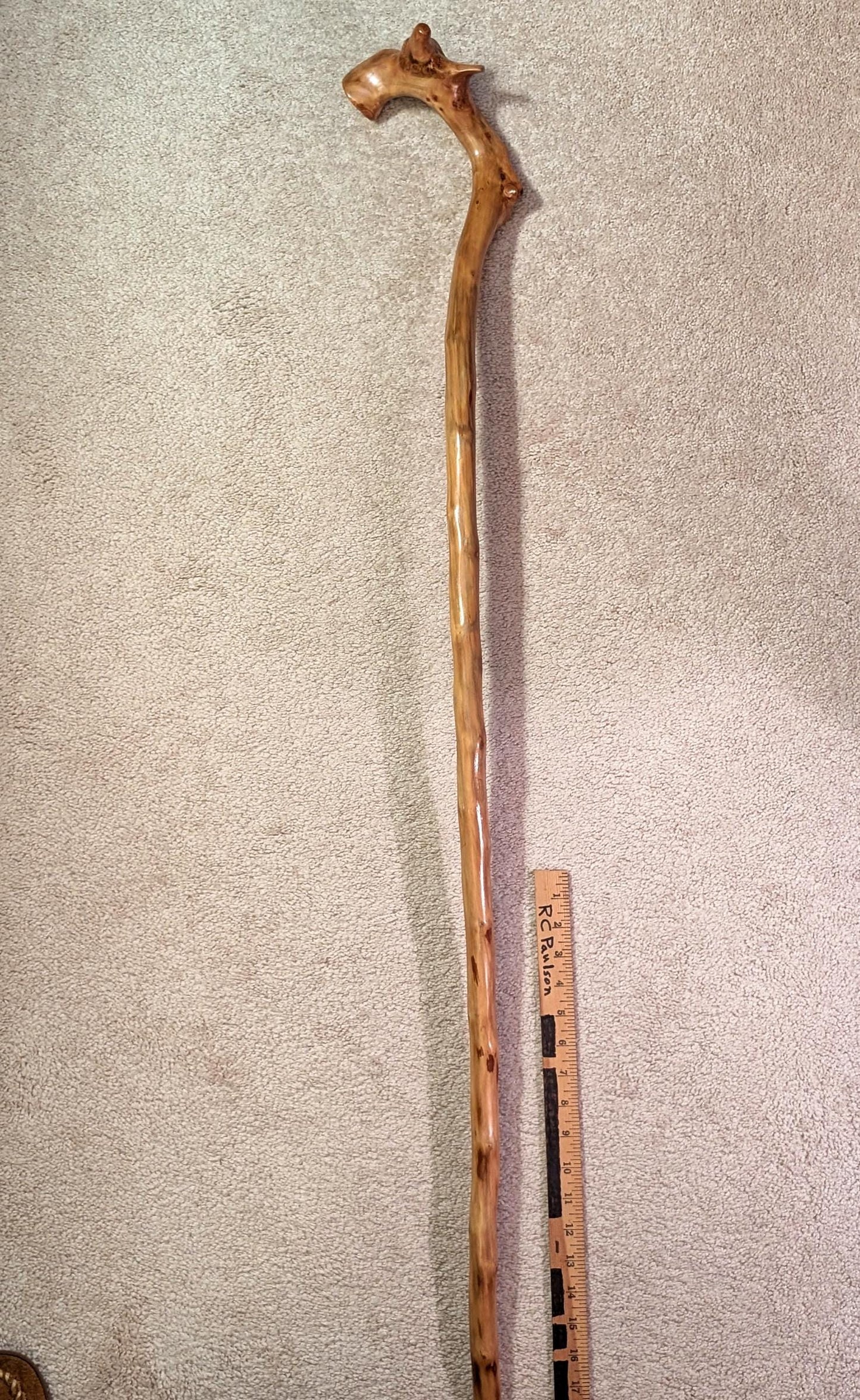 Apple hiking stick , wood, 47" tall, elaborate top, head 6.5 x 3.25", brown tan rich wood grain, Wabi Sabi Wasabi, one-of-a-kind, 126-XX