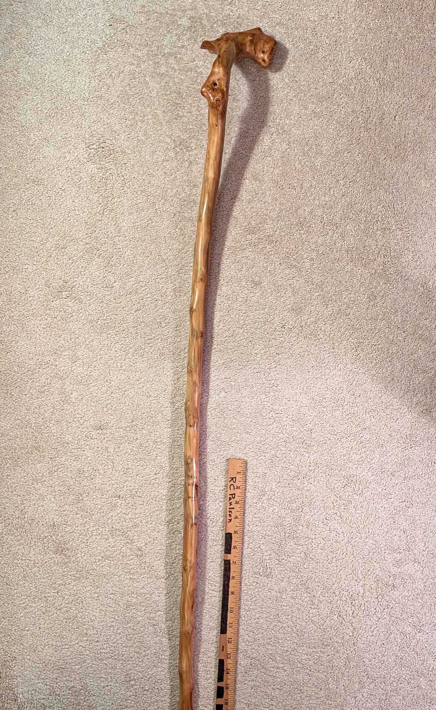 Apple hiking stick , wood, 47" tall, elaborate top, head 6.5 x 3.25", brown tan rich wood grain, Wabi Sabi Wasabi, one-of-a-kind, 126-XX