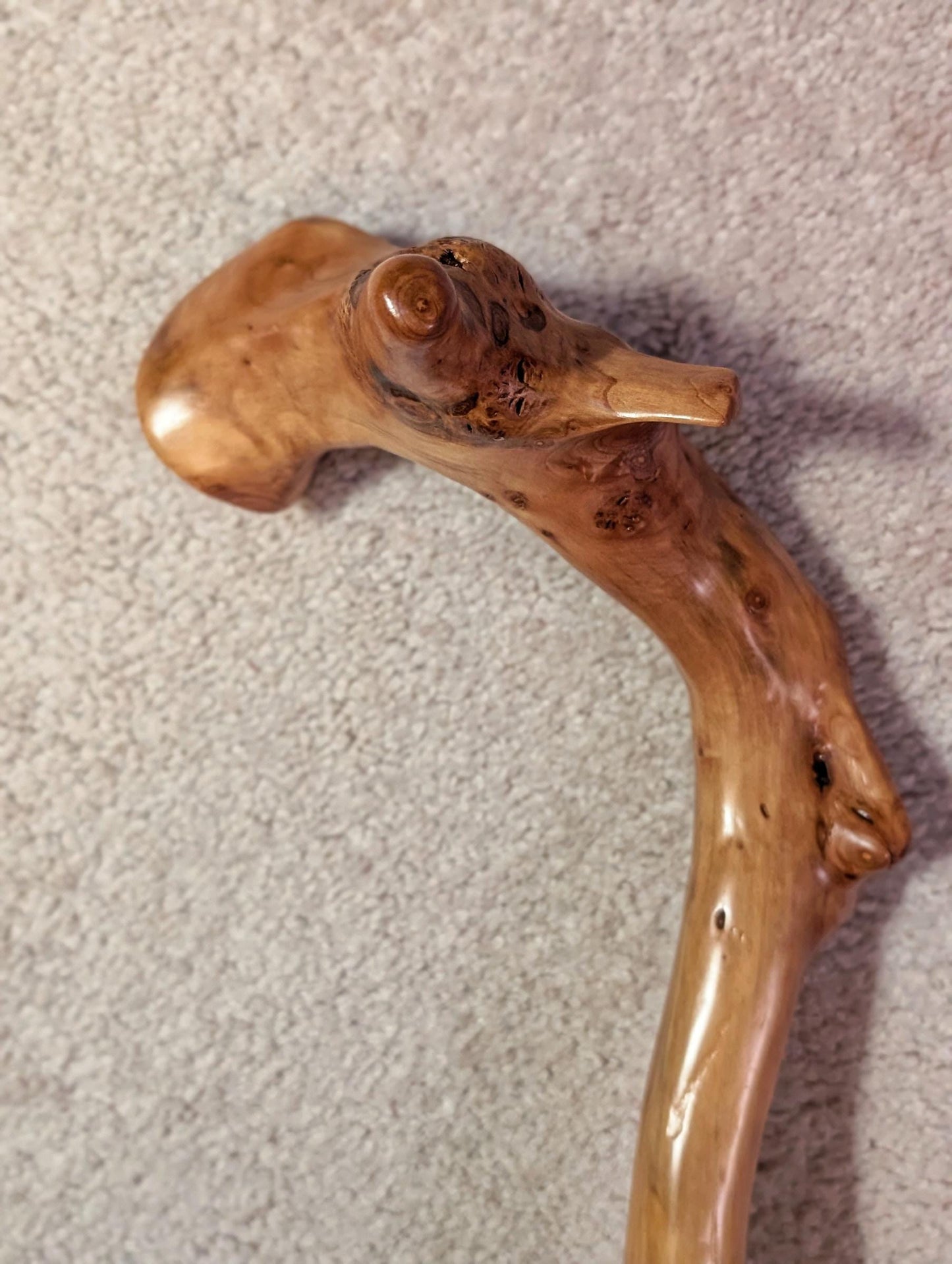 Apple hiking stick , wood, 47" tall, elaborate top, head 6.5 x 3.25", brown tan rich wood grain, Wabi Sabi Wasabi, one-of-a-kind, 126-XX