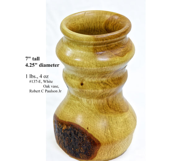 Wood vase sculpture, golden brown, live edge bark, lathe, container, vessel 7” tall, 4.25” wide”, lathe vase, by Robert C Paulson Jr