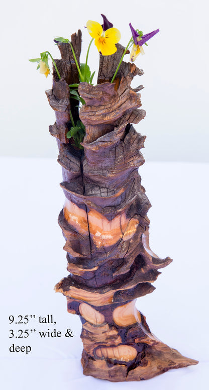 Rustic natural wood knot bud vase with plastic insert, 9.25” tall x 3.9, brown and golden yellow – handmade unique rustic wooden vase