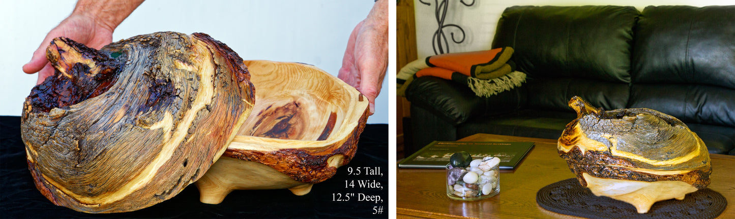 Large rustic covered cover wood wooden bowl brown golden gold bark live edge legs irregular, 9.5 x 14 x 12.5’’ handmade Robert C Paulson Jr, 224-A