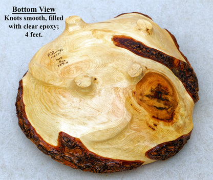 Large rustic covered cover wood wooden bowl brown golden gold bark live edge legs irregular, 9.5 x 14 x 12.5’’ handmade Robert C Paulson Jr, 224-A