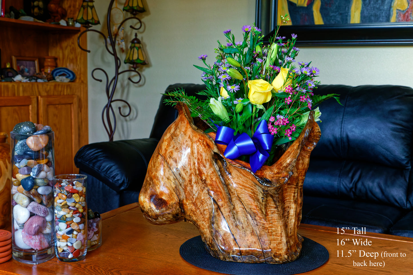 decor large wood container, indoor planter, vase, floor, tabletop, display flowers, magazine rack, 15'' tall, 16'' wide x 11.5" deep, weighs 9.25 lbs, 260-A