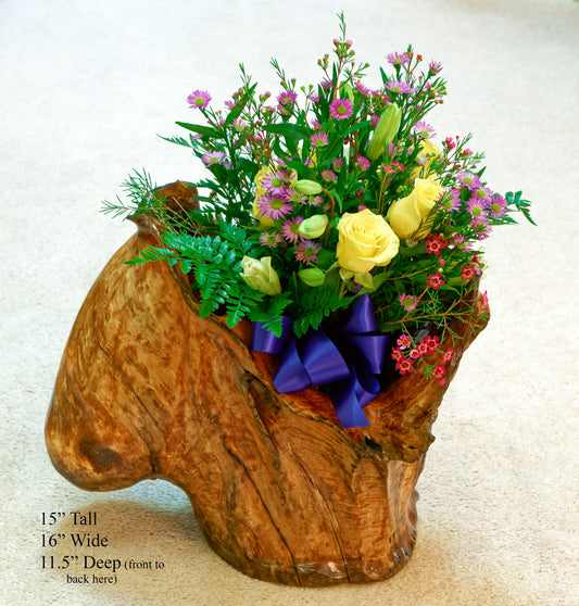 decor large wood container, indoor planter, vase, floor, tabletop, display flowers, magazine rack, 15'' tall, 16'' wide x 11.5" deep, weighs 9.25 lbs, 260-A