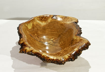 Large live edge burl wood bowl sculpture golden brown, bark, 27” x 14”x 5.5”, rich grain and burl patterns, 100% unique, Siberian black elm, 312-B Black elm burl bowl #2, Robert C Paulson Jr