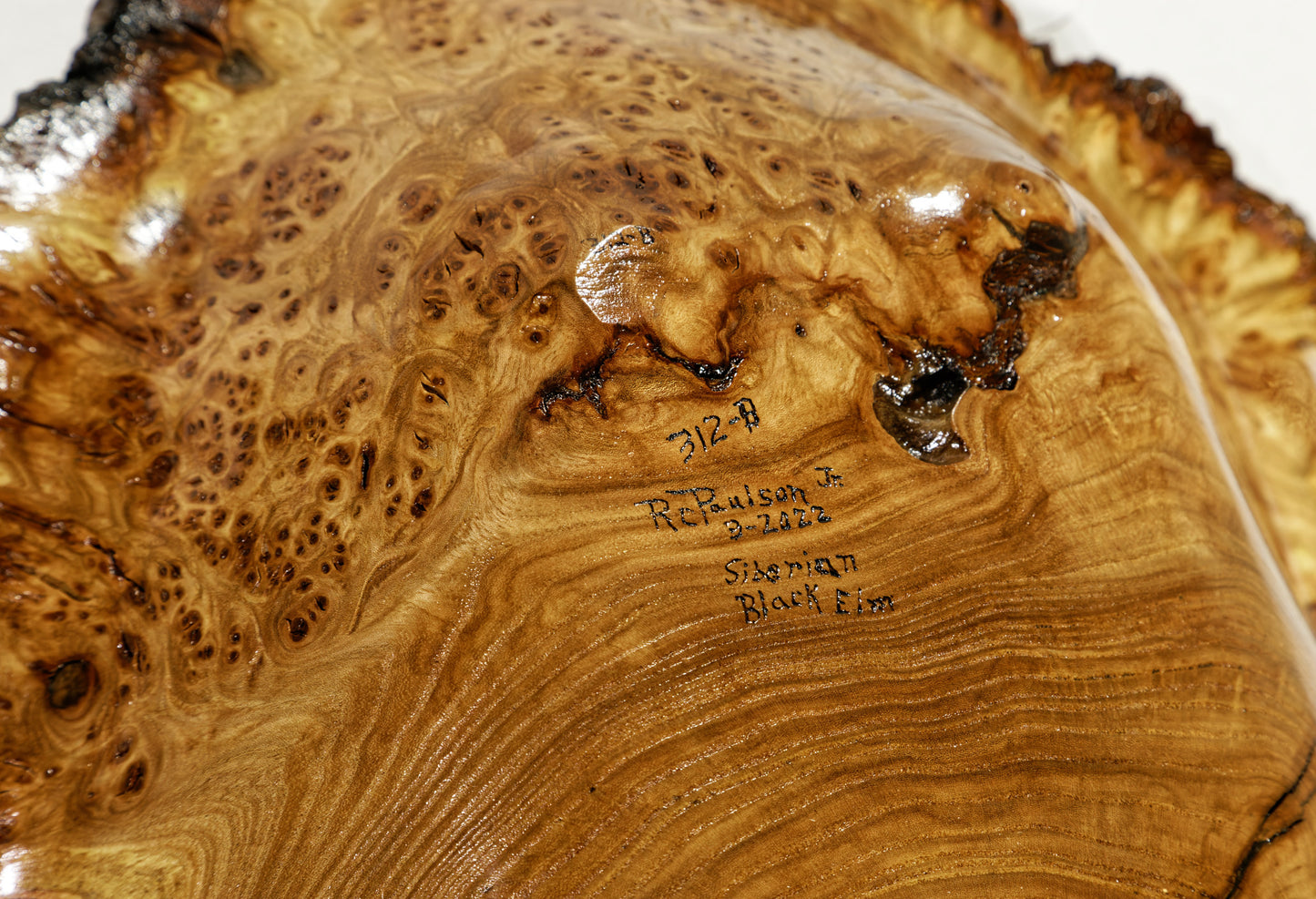 Large live edge burl wood bowl sculpture golden brown, bark, 27” x 14”x 5.5”, rich grain and burl patterns, 100% unique, Siberian black elm, 312-B Black elm burl bowl #2, Robert C Paulson Jr