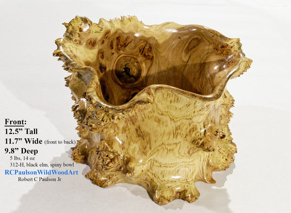 prickly bowl, irregular burl wood bowl sculpture golden brown, spines thorns, 12.5" tall x 12" wide x 10" deep, rich grain and burl patterns, 100% unique, 312-H