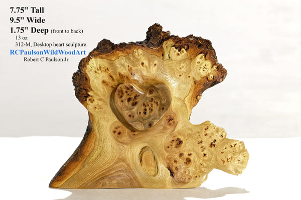 heart sculpture 9 inch, wood heart, desktop tabletop sculpture, live edge bark, 7.75" tall x 9.5 x 1.75, Wabi Sabi, figured wood, 312-M,