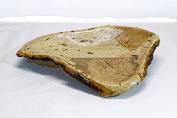 oak wood platter, tabletop sculpture, exotic live edge bark, 17 x 14 x 2.5 inches tall, 2 lbs., 12 oz, upcycled, irregular, Wabi Sabi, 399-E
