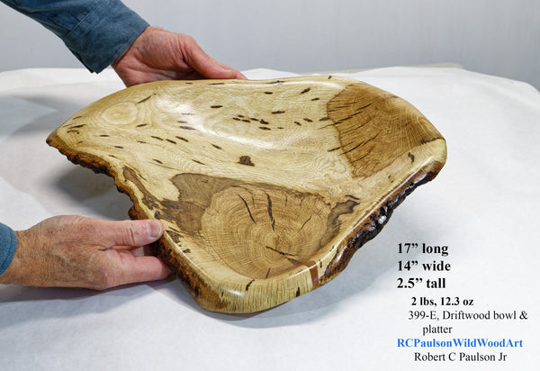 oak wood platter, tabletop sculpture, exotic live edge bark, 17 x 14 x 2.5 inches tall, 2 lbs., 12 oz, upcycled, irregular, Wabi Sabi, 399-E