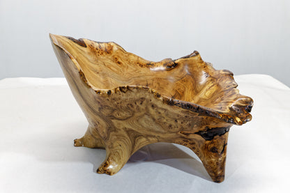 Burl wood bowl sculpture, bark, brown, maroon tinges, live edge, 14.5" long, 13 wide, 10 tall, 5# 11 oz, rich grain figuring, unique, 312-E1