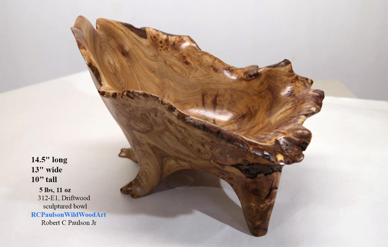 Burl wood bowl sculpture, bark, brown, maroon tinges, live edge, 14.5" long, 13 wide, 10 tall, 5# 11 oz, rich grain figuring, unique, 312-E1