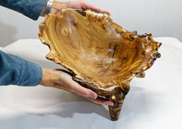 Burl wood bowl sculpture, bark, brown, maroon tinges, live edge, 14.5" long, 13 wide, 10 tall, 5# 11 oz, rich grain figuring, unique, 312-E1