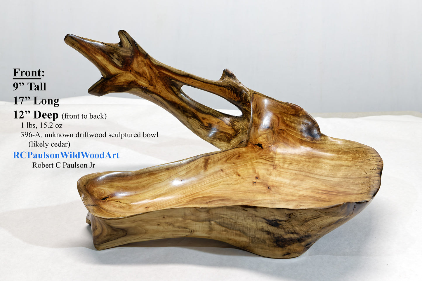 Exotic irregular wood bowl, cedar ocean driftwood, brown gold, branched, unique, rustic smooth, 17 inches long, 12 wide, 9 tall, 1 lb. 15 oz, Arrow arm bowl, 396-A