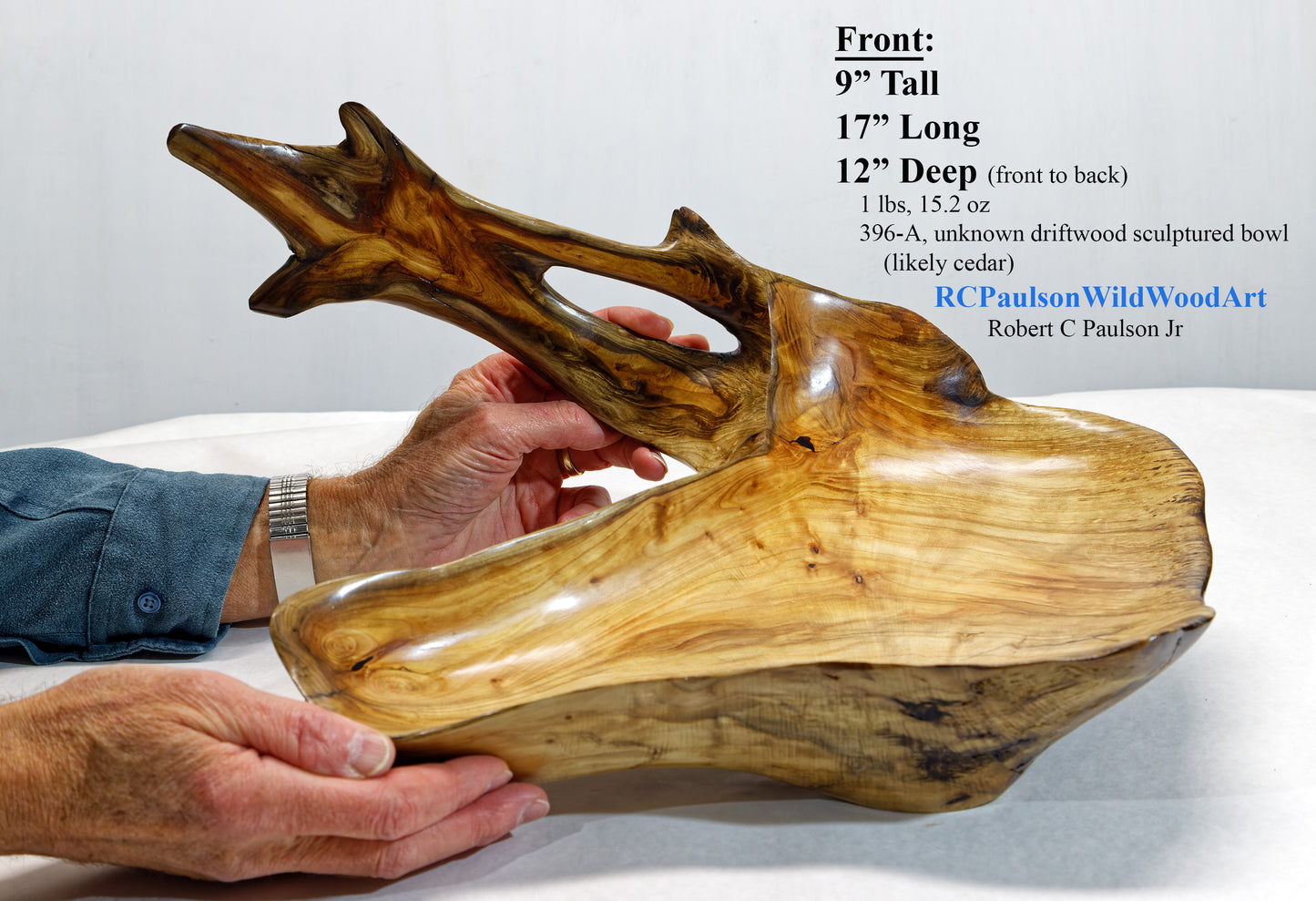 Exotic irregular wood bowl, cedar ocean driftwood, brown gold, branched, unique, rustic smooth, 17 inches long, 12 wide, 9 tall, 1 lb. 15 oz, Arrow arm bowl, 396-A