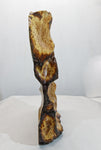 Colorful burl wood floor or tabletop sculpture, brown yellow maroon, live edge bark, 24.5 inch Tall x 5 D x 20 W, rich grain figuring, 312-T