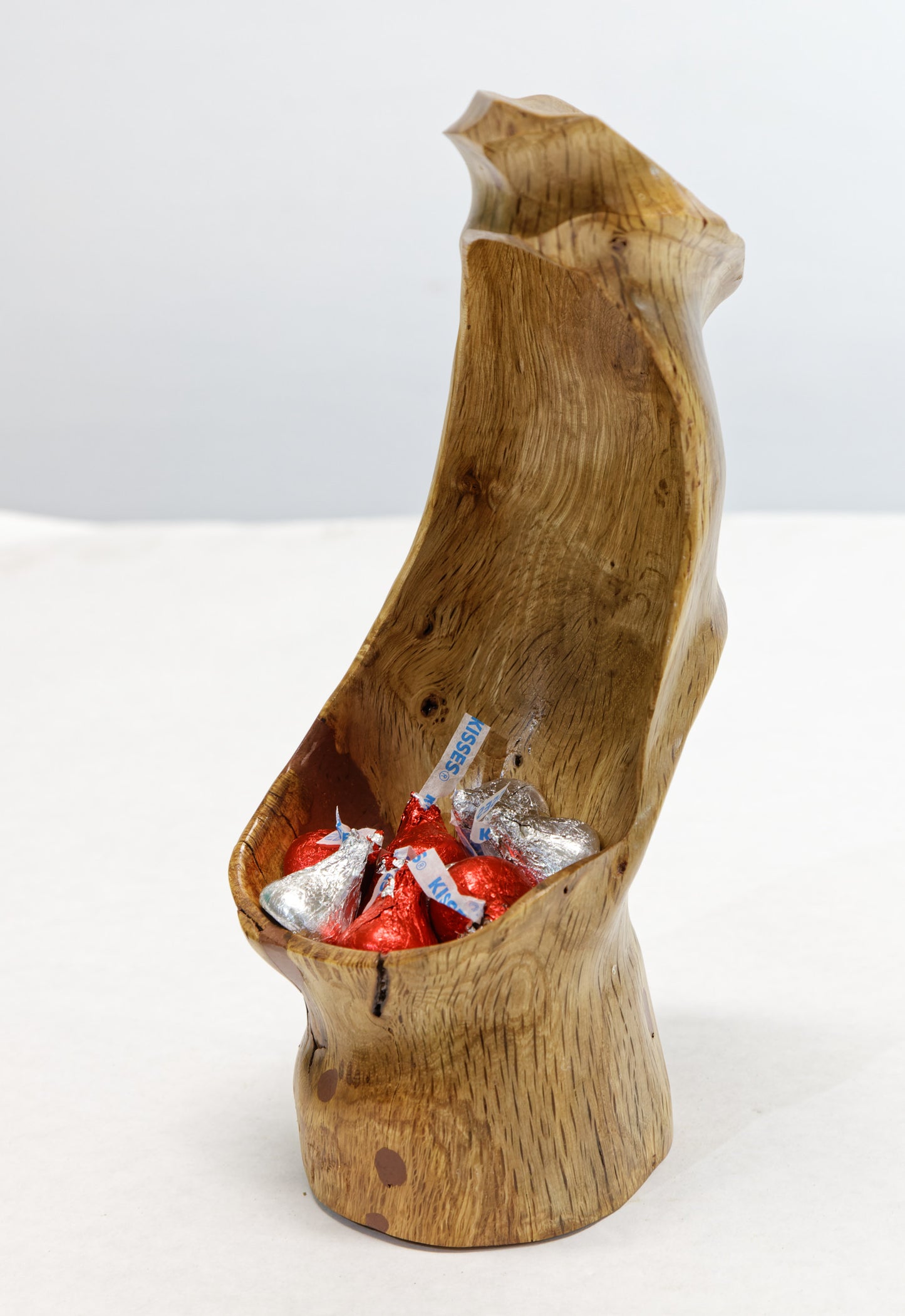 hook top mini bowl sculpture, Oregon white oak, ring catchall, 9 tall x 3.75 x 4'' wide, Wabi Sabi Wasabi, one-of-a-kind, asymmetric, 293-A