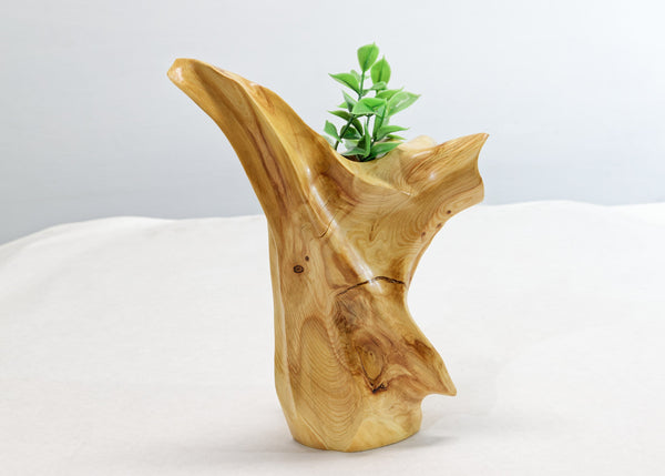 Winged & grooved wood bud vase sculpture golden tan, 10 inches tall x 7.5 x 4, 1 lb, 7.8 oz, rich grain patterns, 100% unique, 363-A
