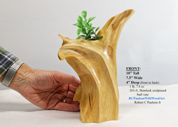 Winged & grooved wood bud vase sculpture golden tan, 10 inches tall x 7.5 x 4, 1 lb, 7.8 oz, rich grain patterns, 100% unique, 363-A