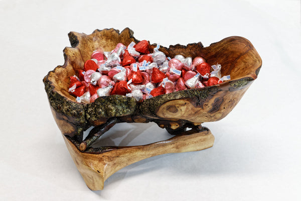 Rustic decorative wood bowl catchall tabletop sculpture, asymmetric decor, willow tree, live edge bark, 12" long x 10 x 8, Wabi Sabi, 432-A