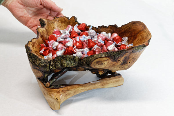 Rustic decorative wood bowl catchall tabletop sculpture, asymmetric decor, willow tree, live edge bark, 12" long x 10 x 8, Wabi Sabi, 432-A