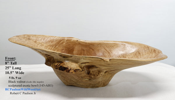 Wood bowl, large exotic bowl, walnut burl, figured fancy wood, designer bowl, best decor, curves, 8 inch tall, 10.5 wide, 25 long, 5 lbs, 9 oz, asymmetric