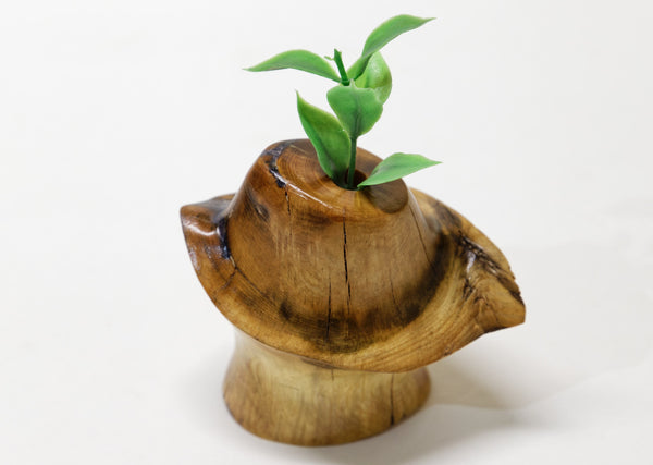 unique wood bud vase, tabletop sculpture, one-of-a-kind, 3 in. tall x 3.5 x 2.5, 4.4 oz, hole 2.5 deep x 0.8, upcycled, Wabi Sabi, 999-D
