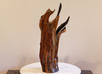 Rustic manzanita wood open vase, golden brown flared winged top with highly irregular shapes, from forest fire, 456-A