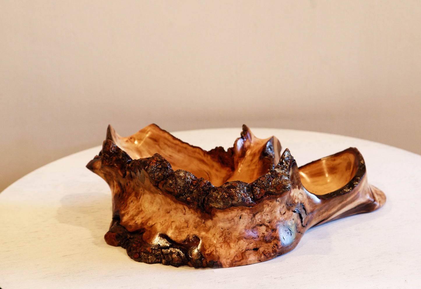 two-part Waxmyrtle wood bowl, catchall jewelry, live edge, beautiful grain, reddish orange, black brown, 10.5 x 7.5 x 3" tall, 2-part, 552-A2