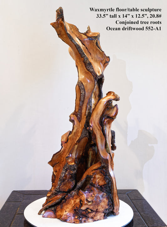 intricate wood root floor sculpture, 33.5 inch tall, brown gold black satin finish, Wabi Sabi, natural rustic, smooth, one of a kind, 552-A1