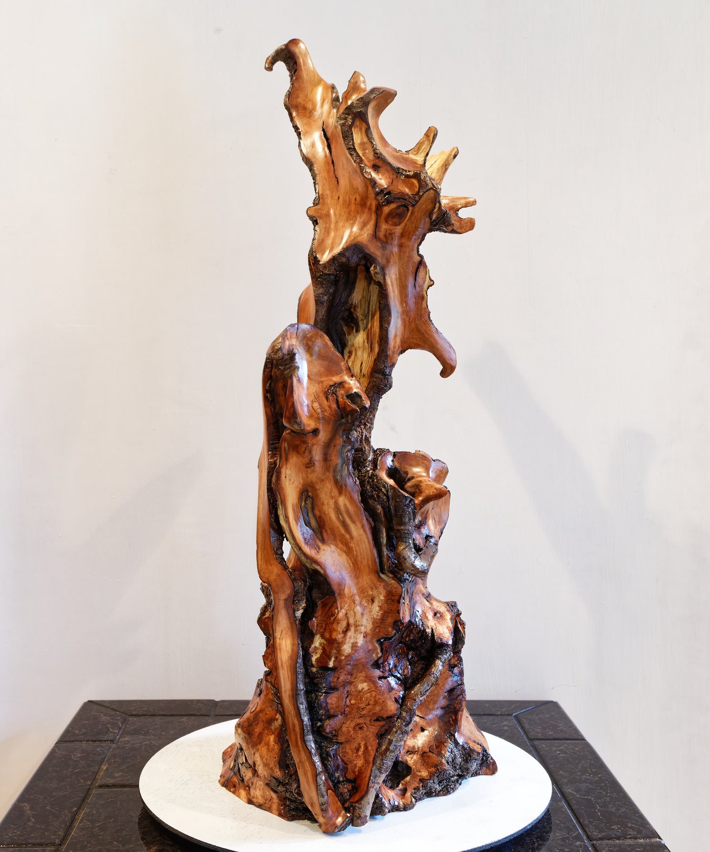 intricate wood root floor sculpture, 33.5 inch tall, brown gold black satin finish, Wabi Sabi, natural rustic, smooth, one of a kind, 552-A1