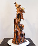 intricate wood root floor sculpture, 33.5 inch tall, brown gold black satin finish, Wabi Sabi, natural rustic, smooth, one of a kind, 552-A1