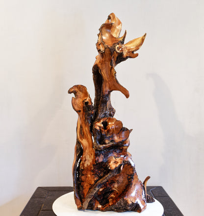 intricate wood root floor sculpture, 33.5 inch tall, brown gold black satin finish, Wabi Sabi, natural rustic, smooth, one of a kind, 552-A1