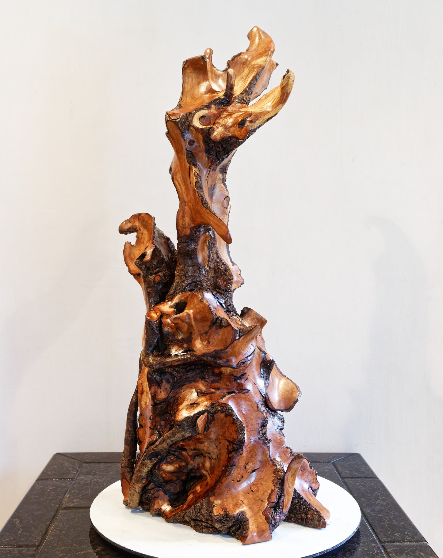 intricate wood root floor sculpture, 33.5 inch tall, brown gold black satin finish, Wabi Sabi, natural rustic, smooth, one of a kind, 552-A1