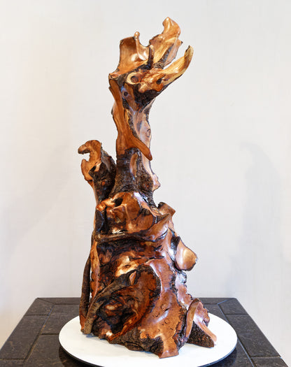 intricate wood root floor sculpture, 33.5 inch tall, brown gold black satin finish, Wabi Sabi, natural rustic, smooth, one of a kind, 552-A1