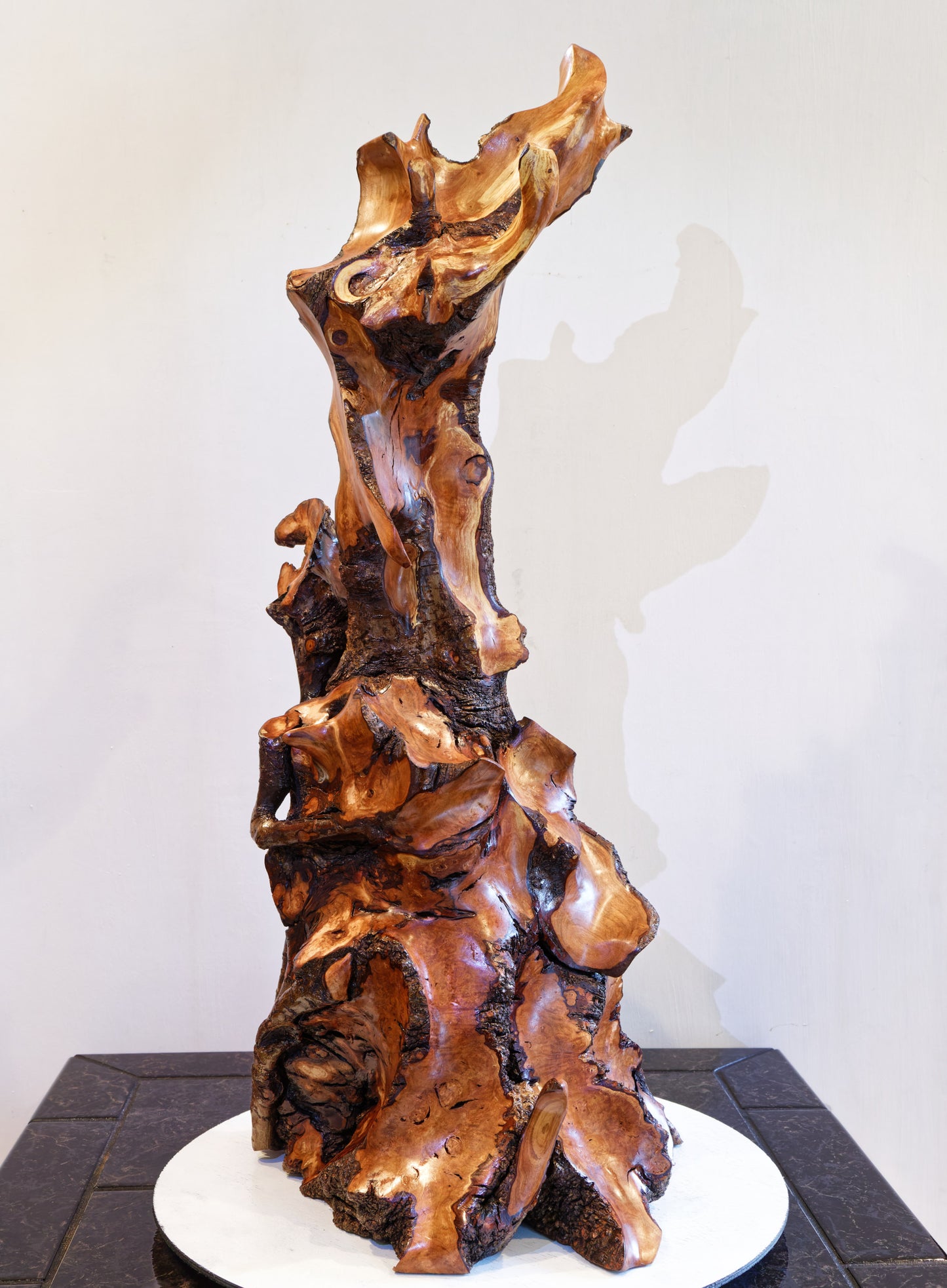 intricate wood root floor sculpture, 33.5 inch tall, brown gold black satin finish, Wabi Sabi, natural rustic, smooth, one of a kind, 552-A1