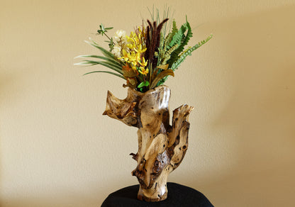 oak flower vase wood sculpture, 15 inch, Wabi Sabi, natural, insect markings, multi-branched, rustic but smooth, one of a kind, Wabi Sabi, natural insect markings, refined rustic, 311-C1