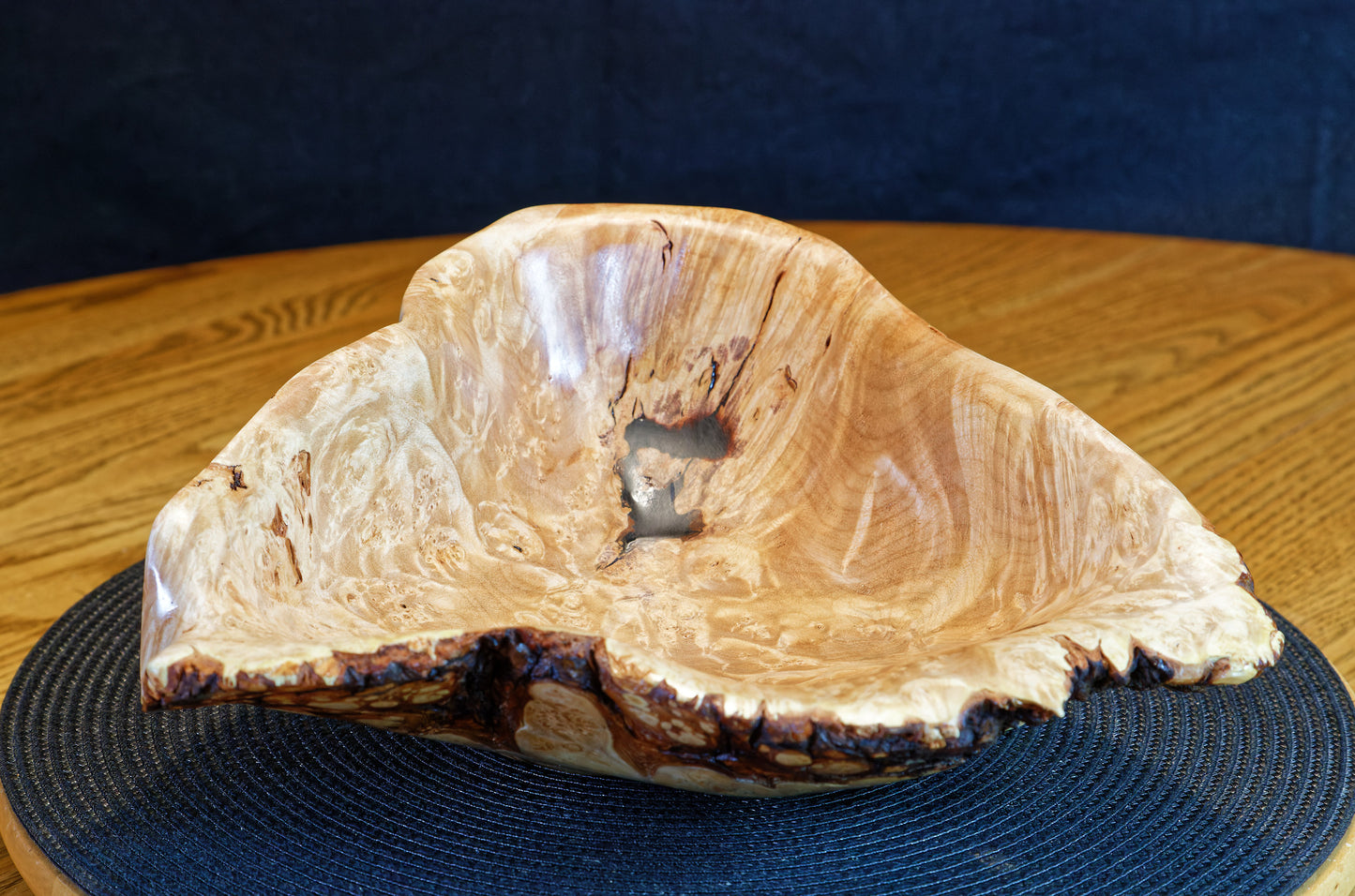 Figured maple bowl, Wood, platter, rustic yet refined, matte finish, one-of-a-kind, asymmetric, 10.75 x 10 x 4.5'', 1.08 lbs, Wabi Sabi, Wabisabi, wabi-sabi, upcycled, 469-L