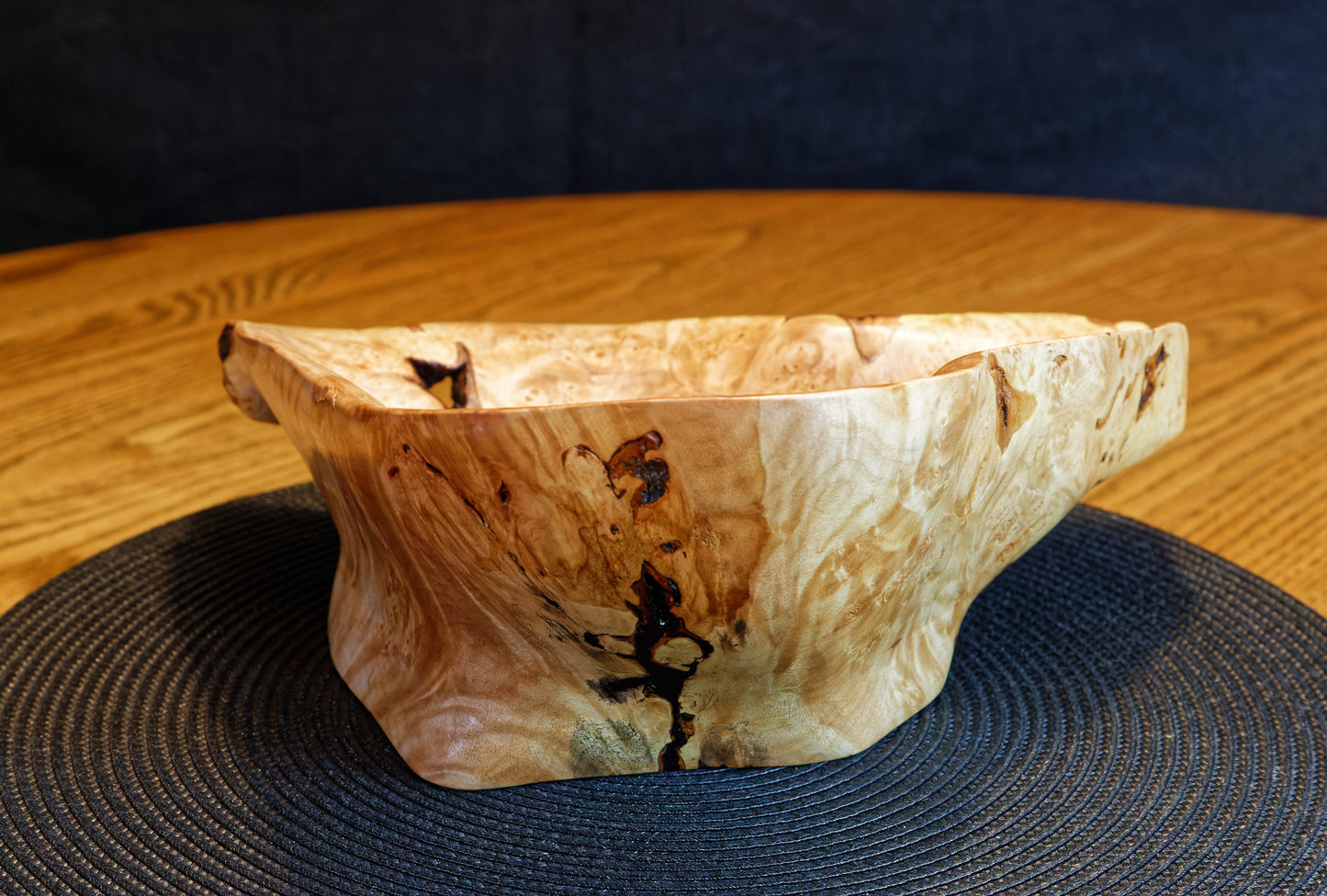 Figured maple bowl, Wood, platter, rustic yet refined, matte finish, one-of-a-kind, asymmetric, 10.75 x 10 x 4.5'', 1.08 lbs, Wabi Sabi, Wabisabi, wabi-sabi, upcycled, 469-L