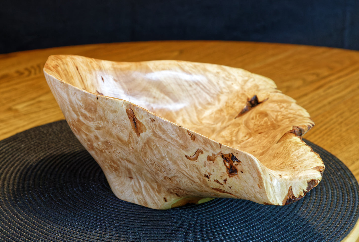 Figured maple bowl, Wood, platter, rustic yet refined, matte finish, one-of-a-kind, asymmetric, 10.75 x 10 x 4.5'', 1.08 lbs, Wabi Sabi, Wabisabi, wabi-sabi, upcycled, 469-L