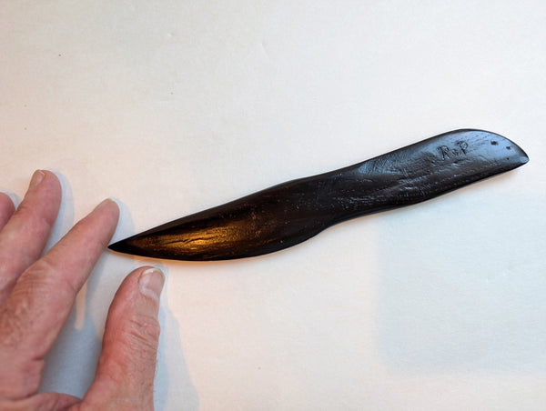 Wenge wooden letter opener, Iceland ocean driftwood, 8.5 long x 1.25 x 0.19’’, black with prominent grain, Wabi Sabi, one-of-a-kind, 999-H