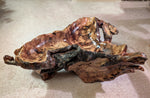 Root bowl with imbedded lava rock, pine wood, rustic root bowl, live edge, irregular, 2-levels, conjoined roots, gold maroon brown, rich grain, 7"T x 20.5L, Wabi Sabi, 593-A2